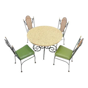 Resin Cast Abalone Shell Round Top Outdoor Table 4 Cane Back Chairs Iron Set - 5 Piece Set