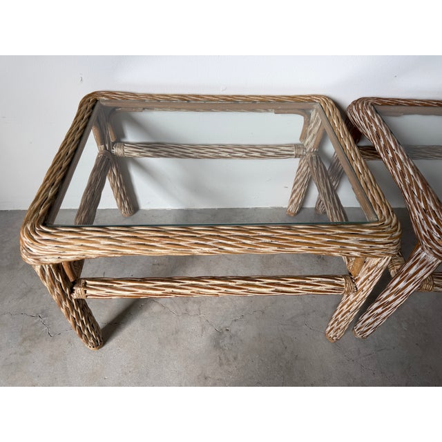 1970's Vintage Coastal Organic Whitewashed Rattan & Glass Top End Tables – A Pair For Sale - Image 9 of 15