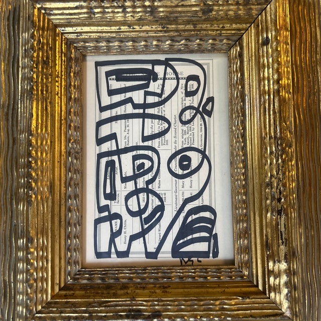 Contemporary Wayne Cunningham abstract marker drawing on vintage paper in a heavy chunky carved wood frame. Measures 5x7 /...