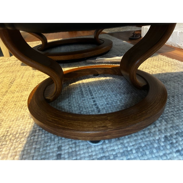 Wood Ekornes Stressless Black Leather Recliner and Ottoman With Wood Base For Sale - Image 7 of 13