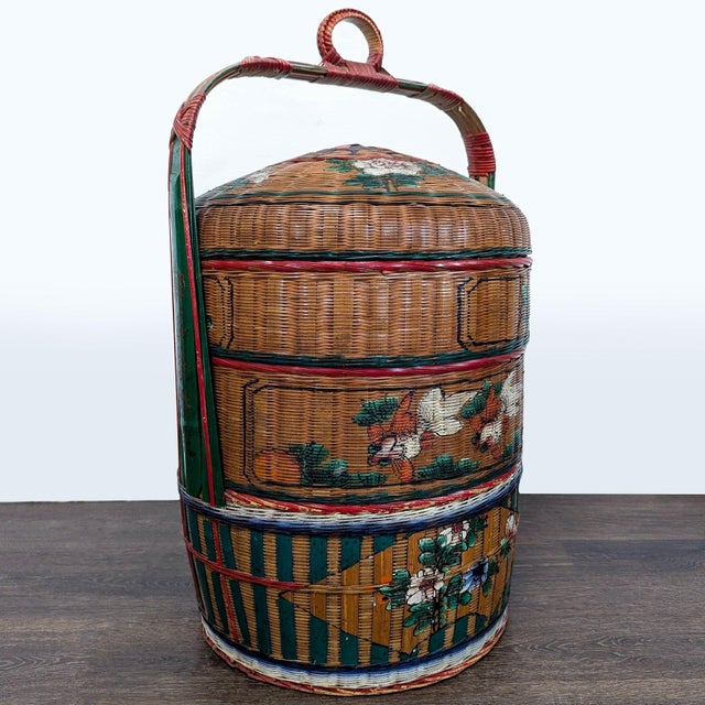 This is an antique Chinese wedding basket. The hand-painted woven reed basket features three tiers with floral decorations...