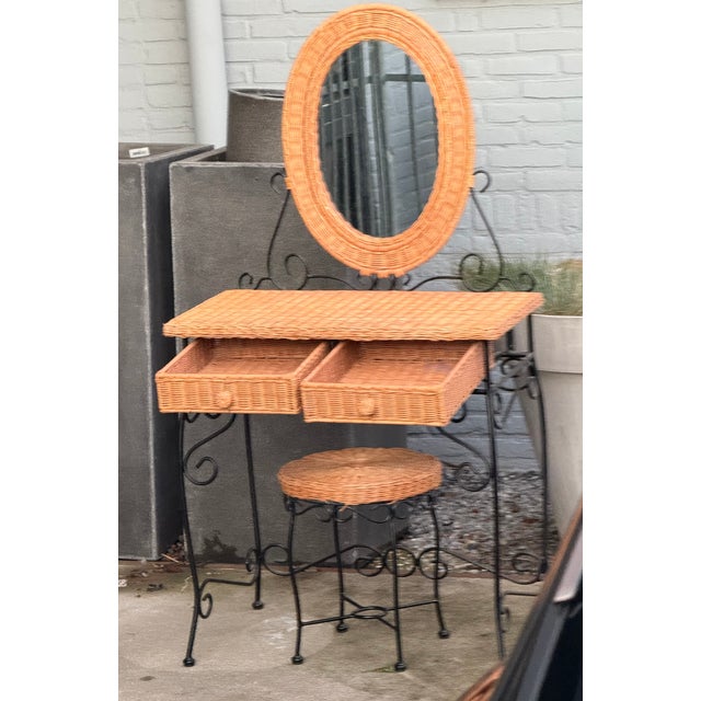 Rattan and Wrought Iron Vanity Table with Mirror and Bench, 1960s, Set of 2 For Sale - Image 6 of 18