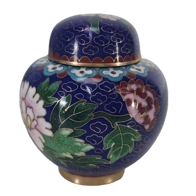 Vintage Chinese Cloisonné Floral Ginger Jar, Cobalt Blue, 3.5" For Sale - Image 4 of 9