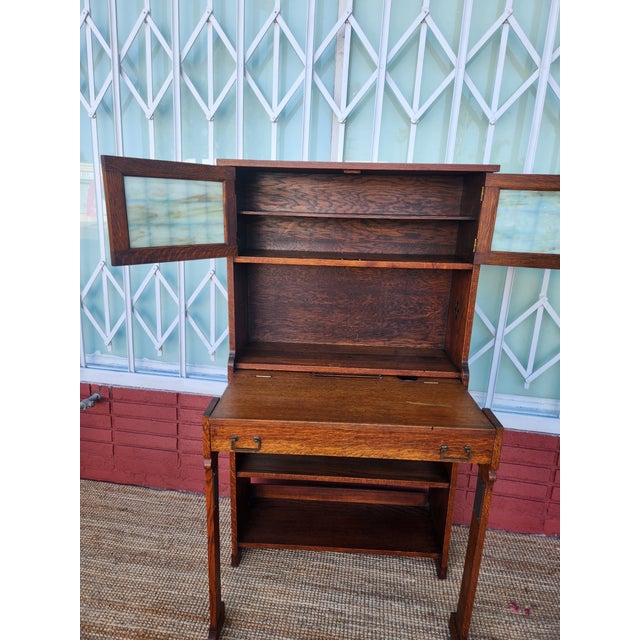 Antique Mission Style Wood Secretary Desk Hutch Stained Glass For Sale - Image 11 of 12