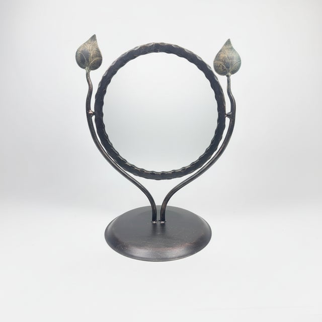 Hand Forged Iron Tabletop Vanity Mirror (55cm) Antique Copper Leaf Design For Sale - Image 10 of 10