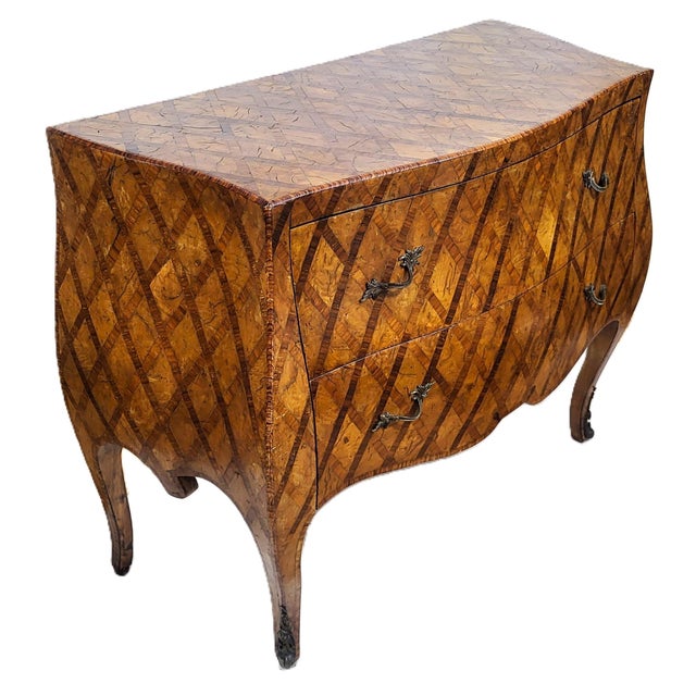 Mediterranean Vintage Italian 20th C Venetian Style Olivewood Parquetry Bombe Commode Chest For Sale - Image 3 of 17