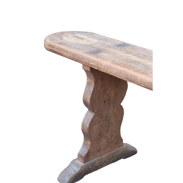 Beige Long French Wabi-Sabi Pine Bench with Sculptural Trestle Supports, 1900 For Sale - Image 8 of 12