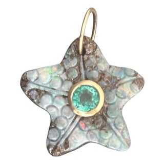 Australian Opal Starfish Pendant With Emerald & 14k Gold For Sale