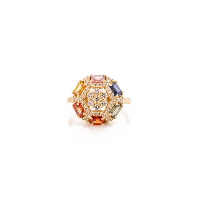 Victorian Retro Style 1.73 CTW Multicolor Sapphire & Diamond Cluster Ring Size 5 in 14k Yellow Gold For Sale - Image 3 of 13