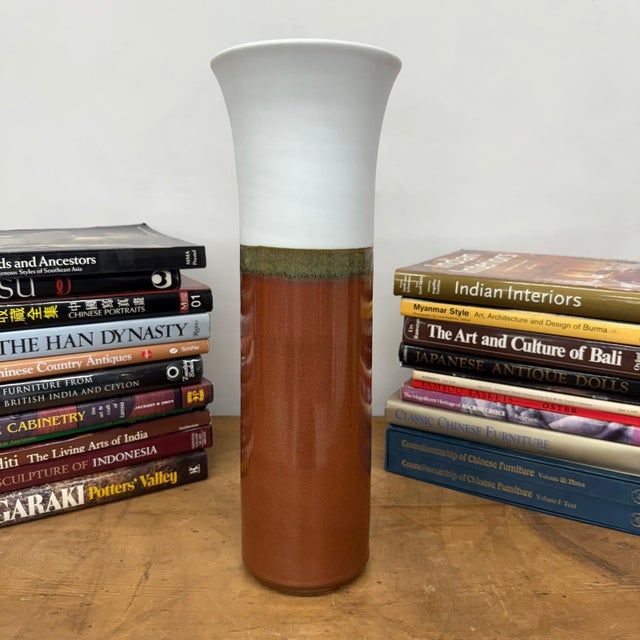 White and Copper Fluted Ceramic Vase with Olive Glaze Band For Sale - Image 4 of 9