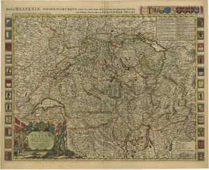 Antique Handcolored Map of Switzerland with 33 Coats of Arms, 1705