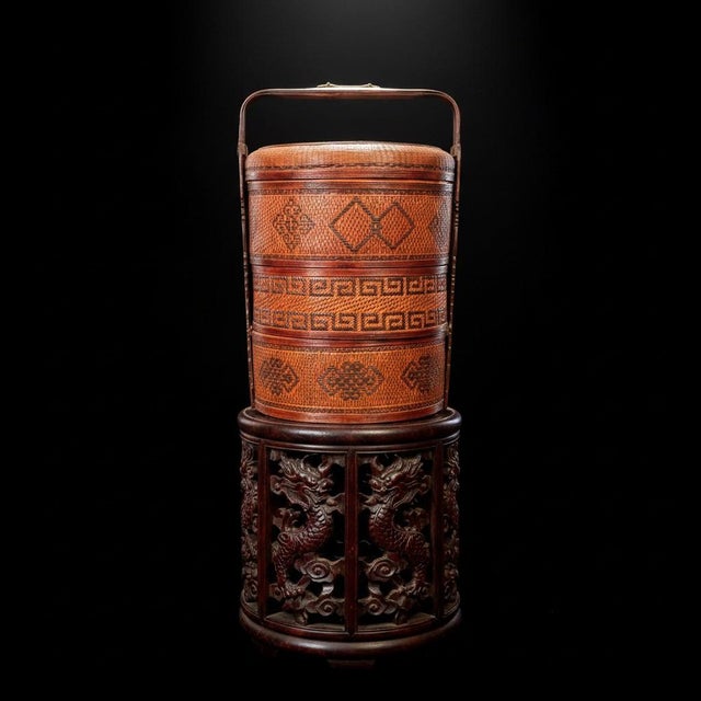 Chinoiserie Mid 20th Century Large Chinese Wedding Basket Tiered-Woven Bamboo Rattan-Lacquer-Chinoiserie-Boho For Sale - Image 3 of 11
