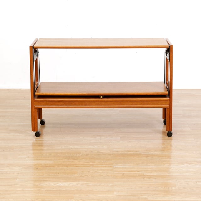 Wood Mid Century Teak Mechanical Bar Cart Folding Console Table For Sale - Image 7 of 10