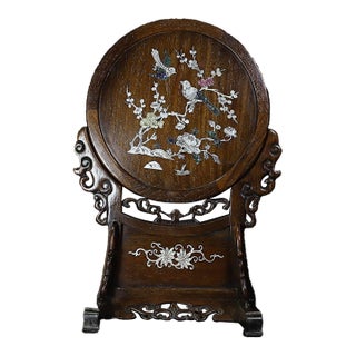 Vintage Chinese Huali Rosewood Table Screen | Mother-of-Pearl Inlaid Bird & Flower Motif For Sale