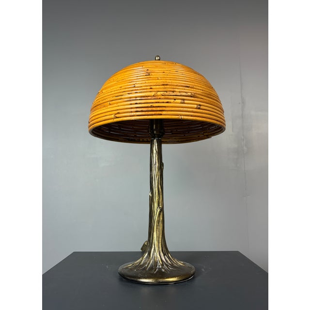 Mid-Century Modern Mid-Century Pencil Reed Rattan Bamboo and Brass Table Lamp, 1970s For Sale - Image 3 of 17