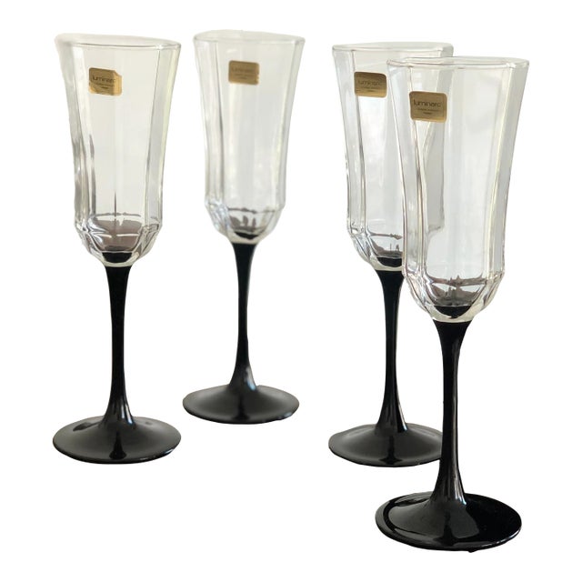 Vintage Black Stemmed Octagon Champagne Flutes-Set of 4 For Sale