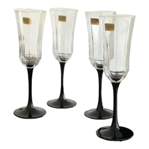 Vintage Black Stemmed Octagon Champagne Flutes-Set of 4