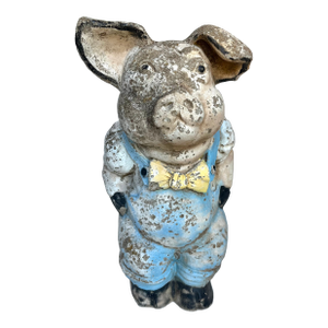 Vintage Painted Concrete Pig in Overalls