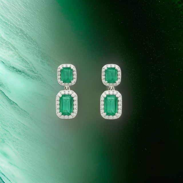 Metal Natural Emerald Diamond Earrings 14k Gold 3.48 TCW Certified For Sale - Image 7 of 13