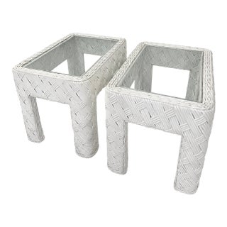 1980s Coastal White Woven Rattan Glass-Top Side Tables—Pair For Sale