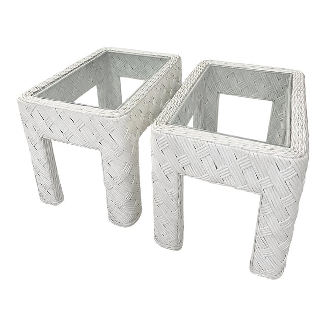 1980s Coastal White Woven Rattan Glass-Top Side Tables—Pair For Sale