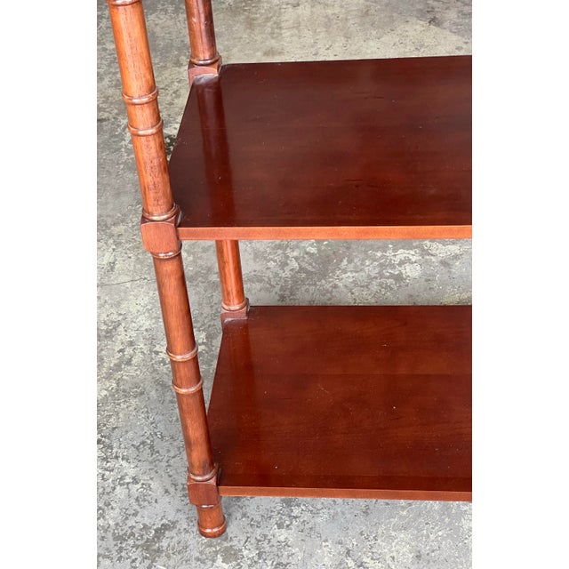 Vintage Faux Bamboo Chinoiserie Mahogany Brass Capped Etagere Shelf Unit For Sale - Image 4 of 8