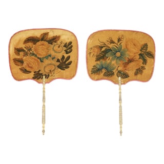 Pair of Antique Theorem Painted Velvet Hand Fans With Gilt Handles For Sale