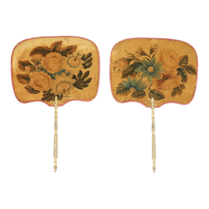 Pair of Antique Theorem Painted Velvet Hand Fans With Gilt Handles