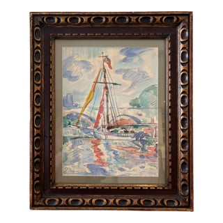 Paul Signac Style Mixed Media Sailboat Harbor Scene Framed Watercolor For Sale