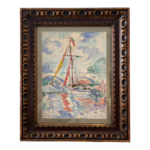 Paul Signac Style Mixed Media Sailboat Harbor Scene Framed Watercolor