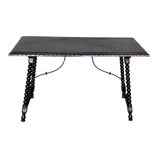 19th Spanish Walnut Side Table With Turned Legs and Iron Stretcher For Sale