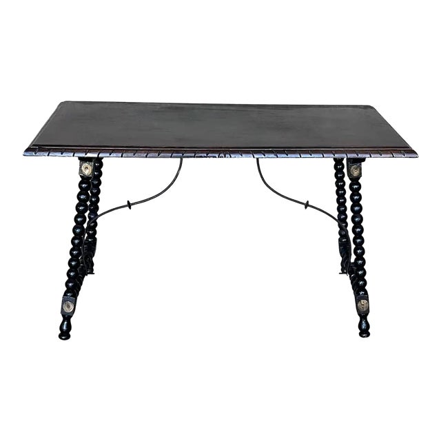 19th Spanish Walnut Side Table With Turned Legs and Iron Stretcher For Sale