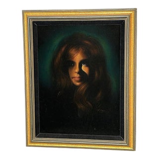 Framed Mid-Century Hand Painted Oil on Velvet Female Portrait, Signed Cohen For Sale