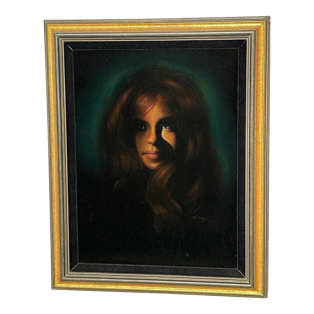 Framed Mid-Century Hand Painted Oil on Velvet Female Portrait, Signed Cohen For Sale