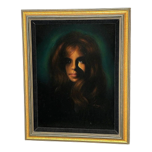 Framed Mid-Century Hand Painted Oil on Velvet Female Portrait, Signed Cohen