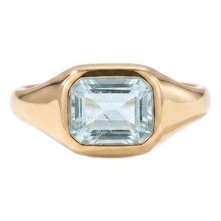 18k Gold Plated Aquamarine Signet Ring • Dainty East West Stacking Ring • March Birthstone Ring Us 7 For Sale