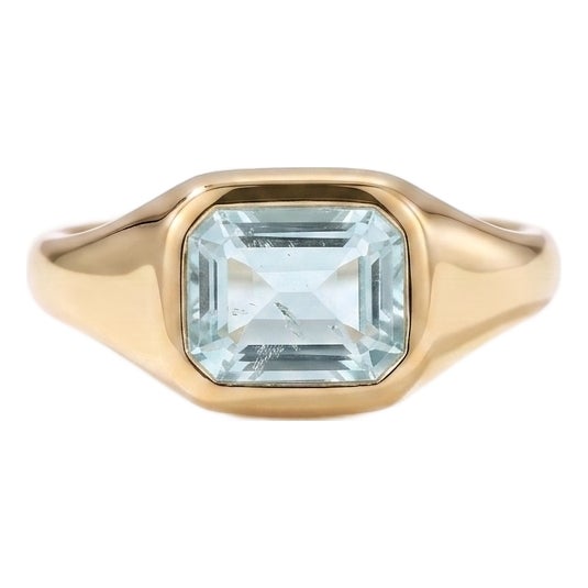 18k Gold Plated Aquamarine Signet Ring • Dainty East West Stacking Ring • March Birthstone Ring Us 7 For Sale