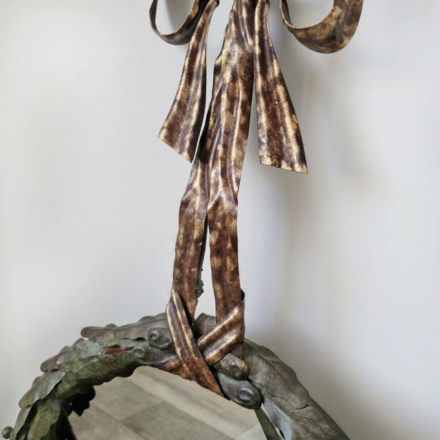 LaBarge Italian Patinated Tole Wreath Bow Metal Wall Mirror For Sale In West Palm - Image 6 of 10