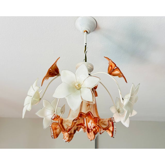 Vintage Mid-Century Italian Murano Style Amber Brown & Opaline White Glass Floral Chandelier Bring warm vintage charm into...