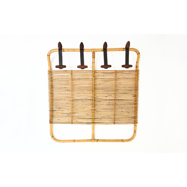 Italian wall coat rack in rattan, leather and wood