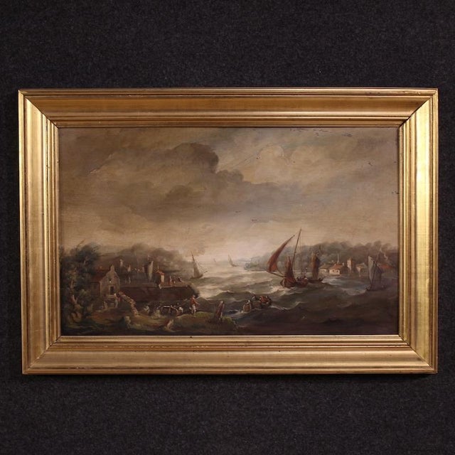 Flemish Artist, Seascape with Boats and Characters, 20th Century, Oil Painting, Framed For Sale - Image 13 of 13