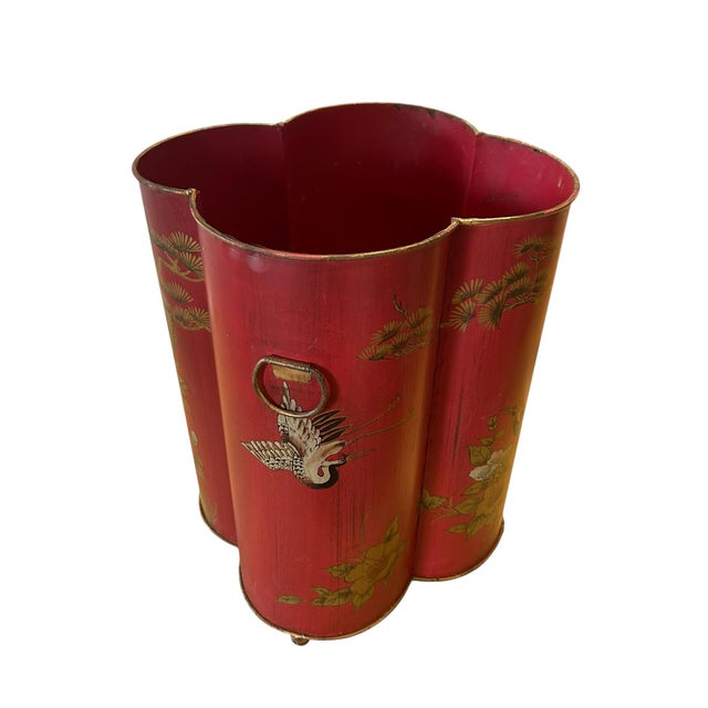 Vintage Red Chinoiserie Wastebin For Sale In Boston - Image 6 of 11