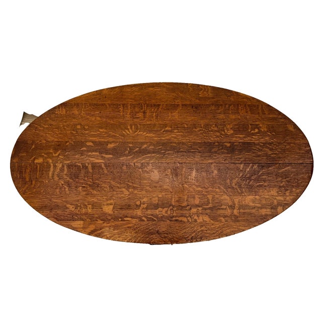 Antique Oval Coffee Table Tiger Oak Center Drawer Shelf Columns Empire Style For Sale - Image 4 of 11