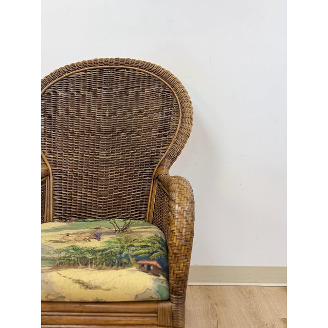 Coastal Wicker Rattan Chair Vintage Beach Scene Cushion Boho Accent Outdoor For Sale - Image 10 of 10