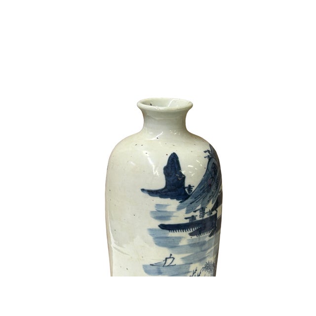 Blue Oriental Small Blue White Calligraphy Scenery Graphic Porcelain Art Vase For Sale - Image 8 of 12