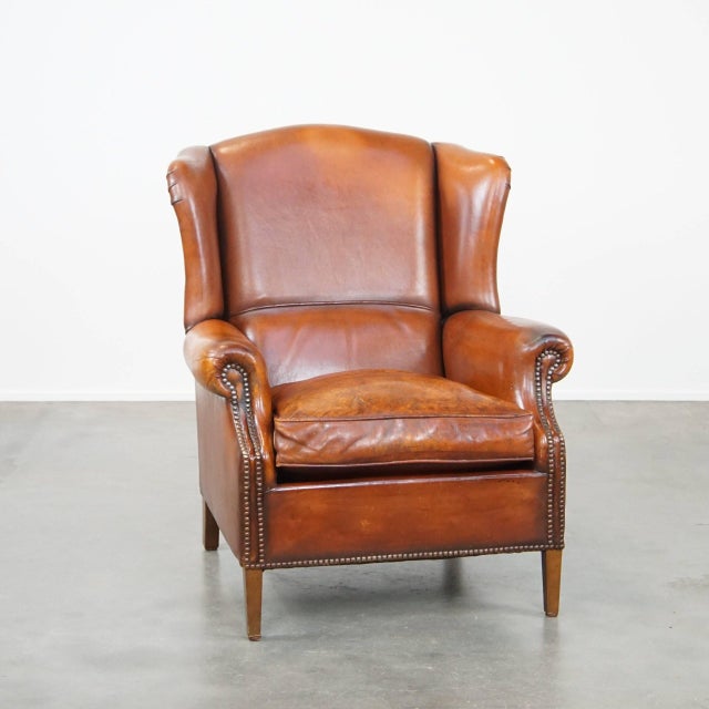 Warm Color Leather Wing Chair For Sale - Image 12 of 12