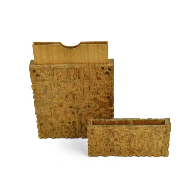 Antique 19th Century Hand Carved Chinese Intricate Canton Wooden Card Case For Sale - Image 9 of 10
