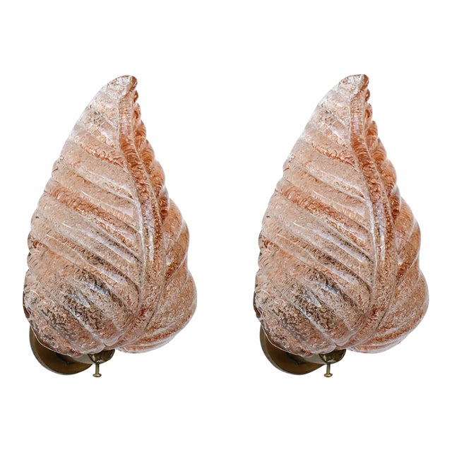 Set of 2 Wall Light Pink Colour Murano Glass Leave by Barovier E Toso, 1950s For Sale