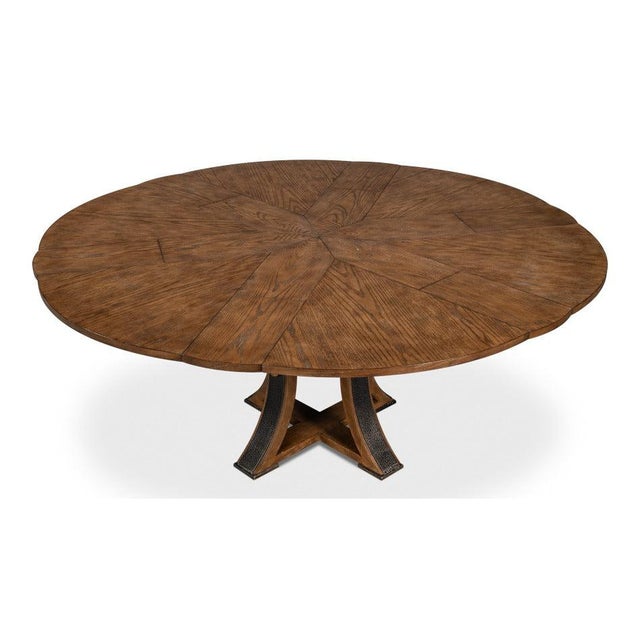 Industrial Transitional Round Dining Table, Medium - Light Brown Oak With Hammered Iron Accents For Sale - Image 3 of 11