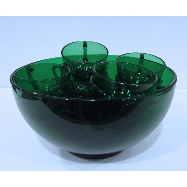 Vintage Anchor Hocking Forest Green Glass Punch Set With Bowl and 14